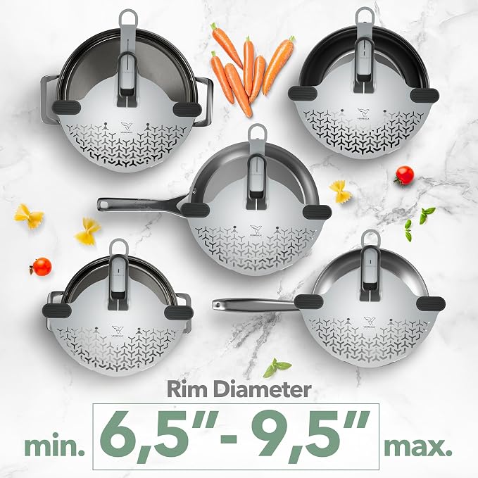 Kitchen Strainer & Pot Drainer Clip-On Stainless Steel Colander for Pots & Pans (6.5-9.5 in / 16-24 cm) | Universal Fit Pasta & Noodle Strainer | Hands-Free Swiss Design, Dishwasher-Safe - Image 5