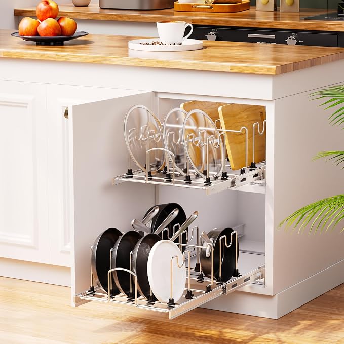 Pull Out Pots and Pans Organizer Under Cabinet, Sliding Adjustable Pot Rack with 9 Adjustable Dividers, Chrome-Plated Pot and Pan Holder Rack, Full-Extension Rail for Kitchen Organization 12" W*22" D - Image 8
