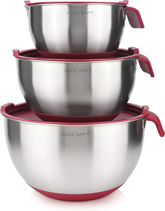 AVACRAFT 18/10 Stainless Steel Mixing Bowls with Lids, non slip silicone base bowls with Handle, Mixing Bowl Set with Pour Spouts & Measurement Marks, Home Essentials Cooking Bowls, (Red) by AVACRAFT