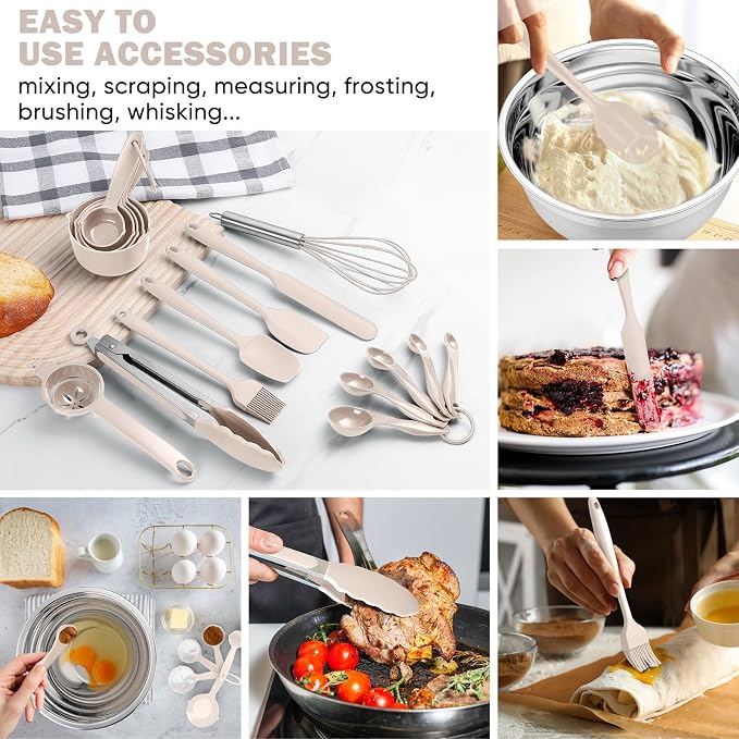 E-far 25PCS Mixing Bowls with Lid Set, Stainless Steel Nesting Prep Bowls with Grater Attachments Non-Slip Bottoms for Cooking, Serving, Food Storage, 4.6/2.6/2/1.5/1/0.7QT - Khaki - Image 5