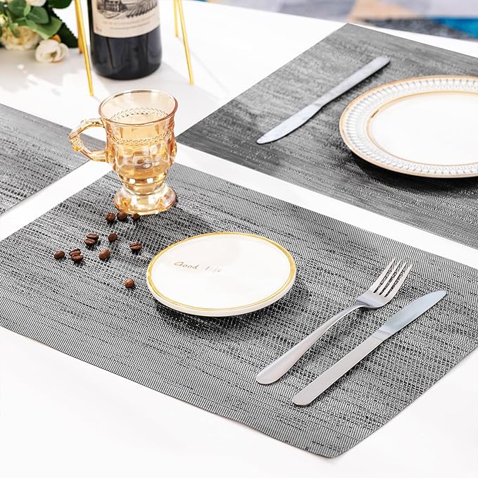 Leetaltree Grey Placemats, Heat Resistant Non-Slip Place mats for Dining Table, Washable Durable PVC Vinyl Woven Table Mats (Set of 6) - Image 5