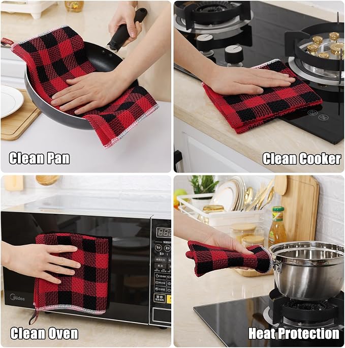 Homaxy Kitchen Towels and Dishcloths Set, Set of 8, Red & Black | Bulk Cotton Waffle Weave Check Plaid Kitchen Towels, Super Soft and Absorbent Dish Cloths, 12 x 12 and 13 x 28 Inches - Image 8
