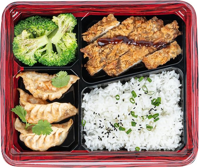 Restaurantware-Bento Tek 18.6 Ounce Meal Prep Containers, 50 Disposable To Go Food Boxes - Lids Sold Separately, 4 Compartments, Red And Black Plastic Bento Lunch Boxes, Freezable, For Take Out - Image 8