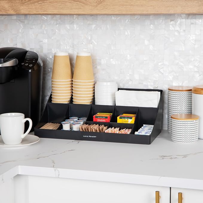 Mind Reader Cup and Condiment Station, Countertop Organizer, Coffee Bar, Kitchen, Stirrers, 17.875"L x 9.5"W x 6.625"H, Black - Image 2