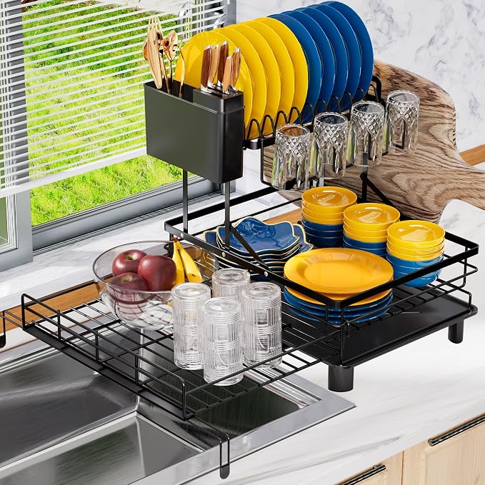 2 Tier Dish Drying Rack - Expandable Dish Rack Over Sink, 304 Stainless Steel Dish Rack for Kitchen Counter, Dish Drainer w Utensil Holder, Drainboard & Cups Holder, Anti-Rust & Space Saving by Unknown