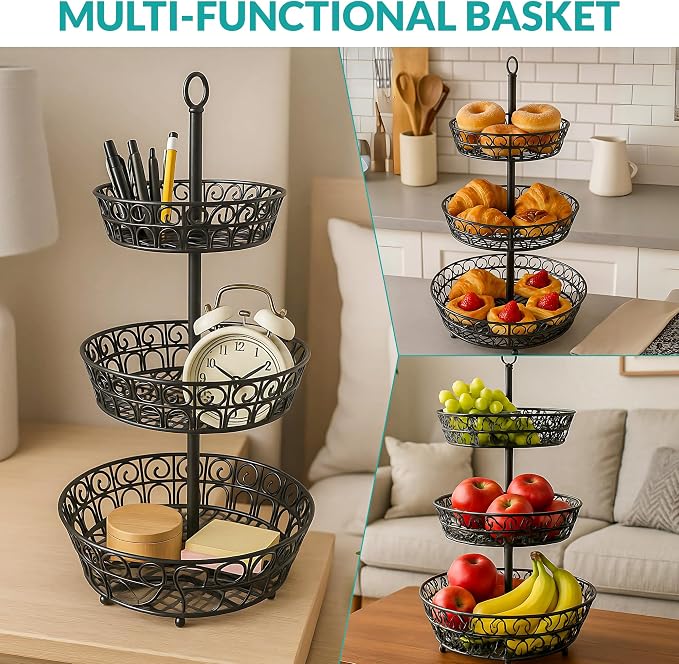 3-Tier Fruit Basket for Kitchen Counter, Stackable Metal Fruit & Vegetable Holder - Image 4