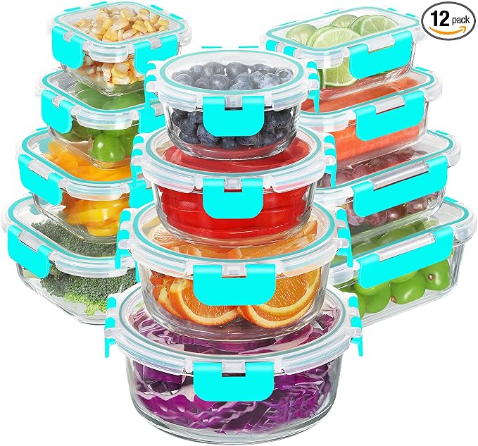 BAYZZ 24 Piece Glass Food Storage Containers with Lids, Airtight Glass Meal Prep Containers for Kitchen, BPA-Free Lunch Box, Microwave and Freezer Safe,Green by BAYZZ