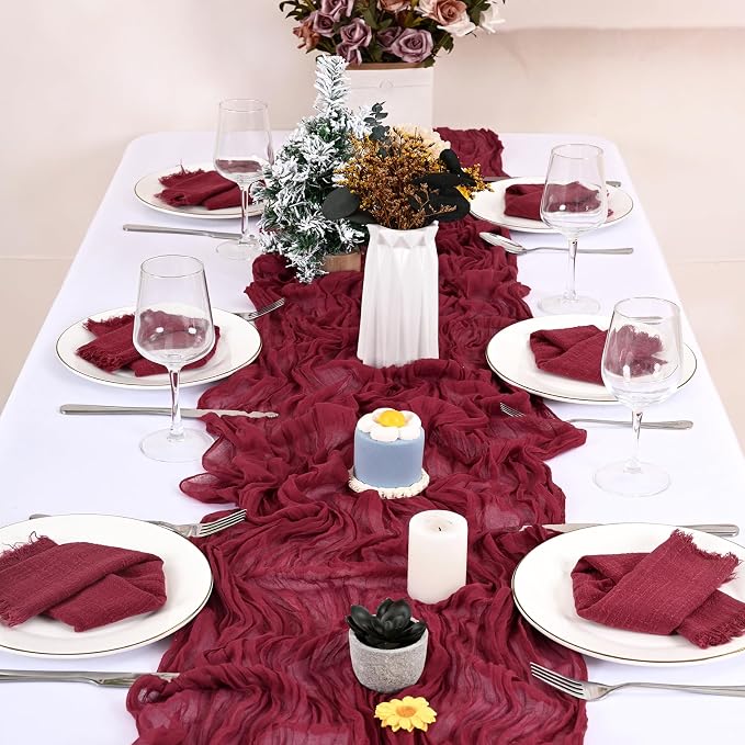36 Pack Burgundy Cloth Napkins, 12 x 12 Inch Cotton with Fringe Settings | Handmade washable reusable cotton dinner napkins in bulk for weddings, parties, rustic boho table settings - Image 8