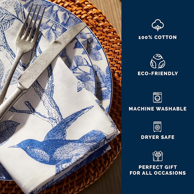 Arbor Birds Blue Napkins Set of 4 | 100% Cotton Cloth Set for Entertaining or Everyday Table | Perfect for Wedding, Birthday, Christmas Blue and White, 22 Inch Square - Image 3
