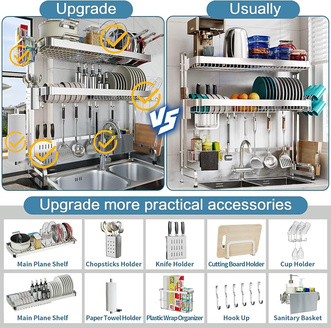 LIVOD Over The Sink Dish Drying Rack,3 Tier Adjustable Length Full Stainless Steel Large Storage Kitchen Dish Rack,for Kitchen Counter Expandable Multifunctional Organizers,Silver (25.98-37.6") - Image 3