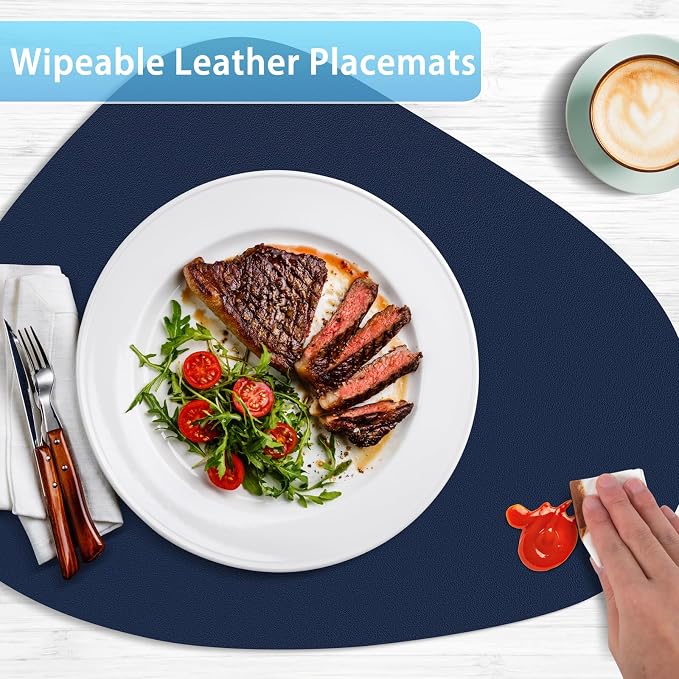 Faux Leather Placemats Set of 8, Wipeable & Washable Table Mats | Waterproof, Heat-Resistant & Easy to Clean Round Place Mats for Dining & Kitchen, 17''x13'', Blue - Image 3