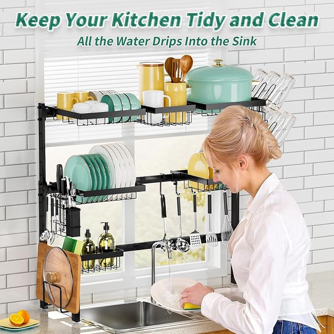 Over The Sink Dish Drying Rack,Expandable Length 3-Tier Large Stainless Steel Over The Sink Dish Rack with 6 Baskets, Utensil Holder Dish Drainers for Kitchen Counter | Stainless Steel, with 6 Baskets & Utensil Holder, for Kitchen Counter, Black - Image 6