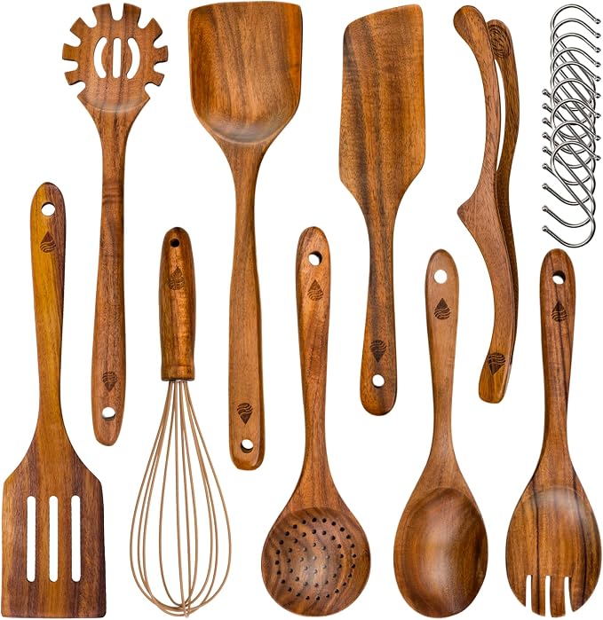 9 Pcs Teak Wooden Utensils Set, Wooden Cooking Utensil with Tong | Non-Toxic & Nonstick Safe Kitchen Utensil, Durable Comfort Grip， Heat Resistant Wood Cookware with Hooks by Vorisebo