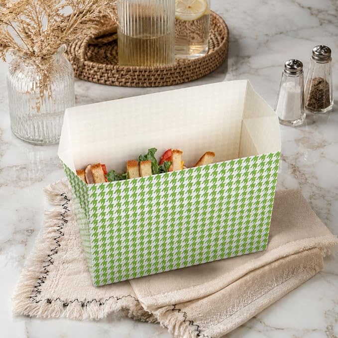 Restaurantware Bio Tek 80 Ounce To Go Boxes 400 Rectangle Take Out Food Containers - Fast Top Closure Disposable Green Houndstooth Paper Carry Out Containers For Burgers Or Fried Chicken - Image 3