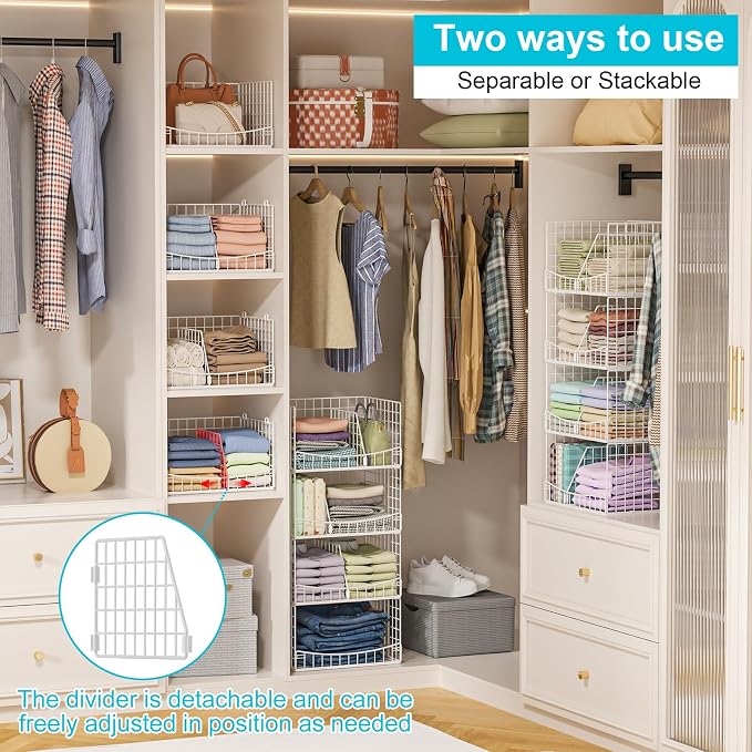 Hongtamoya 4-Tier Closet Organizers and Storage Basket with Divider, Foldable Closet Shelf Organizer System, Space-Saving Clothes Storage Drawer Organizer Bins for Wardrobe Cupboard, White - Image 3