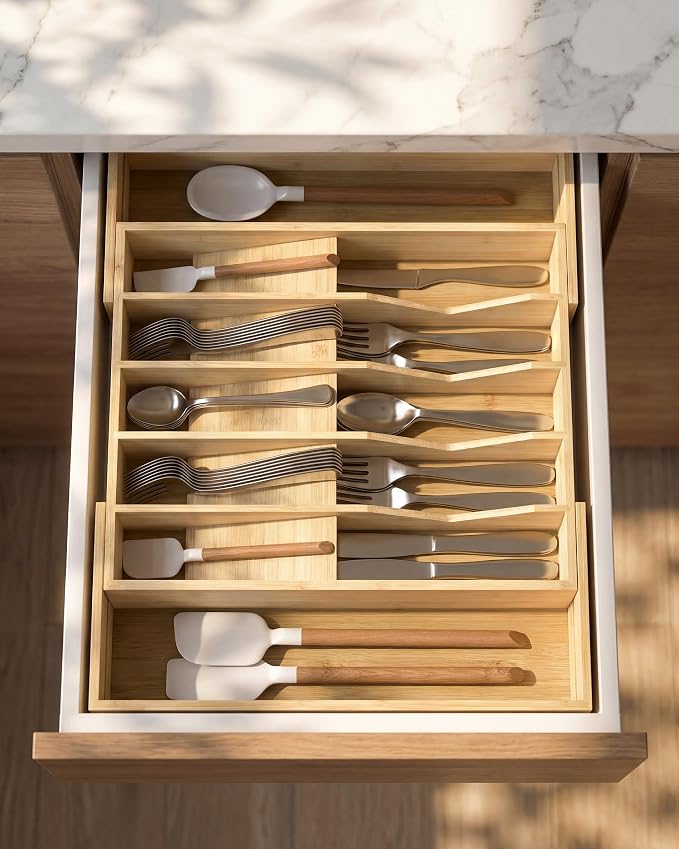 Expandable Utensil Drawer Organizer for Silverware,Bamboo 12 Slot | V-Groove & Anti-Slip Blocks, Vertical Storage,16.7" D x 13”-20" Wx 2.56" H, Cutlery Holder Dividers for Spoons Forks Knives - Image 7
