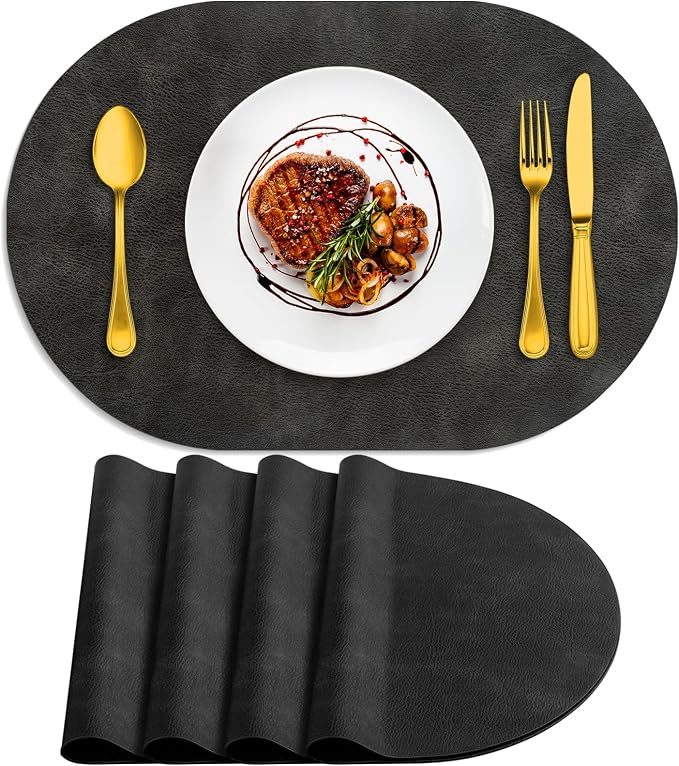 ADRIMER Placemats, Heat Resistant Oval Placemats Set of 4 Washable 12 x 17 Inch, Waterproof Table Mats, Wipeable Pu Place Mats for Kitchen, Dark Grey by Adrimersdreamistobeanindispensablecompanioninyourlife