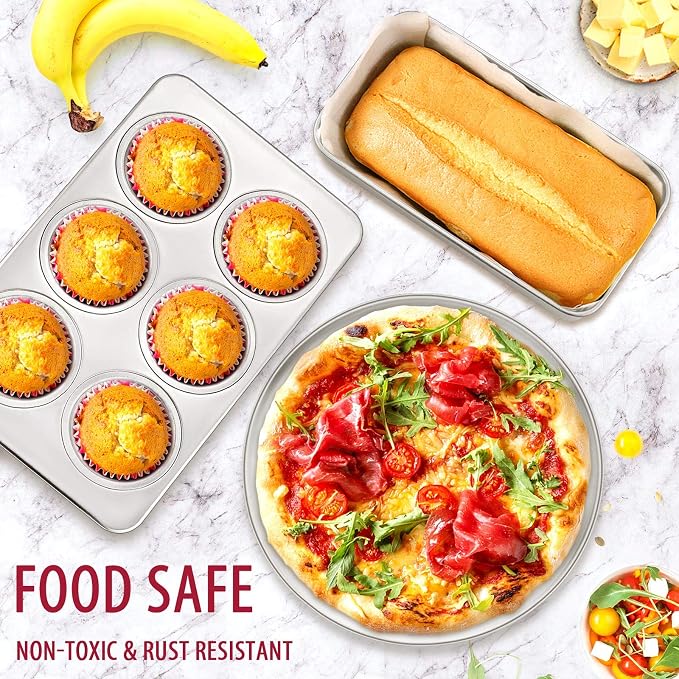 E-far 12-Piece Stainless Steel Bakeware Sets, Metal Baking Pan Set Include Round Cake Pans, Square/Rectangle Baking Pans with Lids, Cookie Sheet, Loaf/Muffin/Pizza Pan, Non-toxic & Dishwasher Safe - Image 4