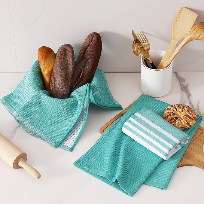 Homaxy Cotton 380 GSM Premium Kitchen Towels, 18"x 28", 6 Pack, Teal | Soft and Absorbent Terry Dish Towels, Multipurpose Tea Towel Set with Hanging Loop, 3 Styles Kitchen Hand Towels - Image 6