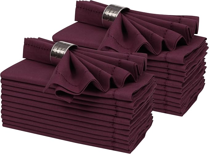 Ramanta Home Burgundy Cloth Dinner Napkin Set of 24-18x18 Inch | Cotton Linen Flax Hemstitched Napkins Washable for Everyday Use by RamantaHome