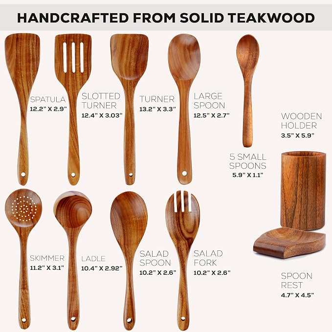 Zulay Kitchen 15-Piece Teak Wooden Utensils for Cooking - Natural Teak Utensil Set with Premium Gift Box - Non-Stick Wooden Spoons for Cooking - Kitchen Gift Set - Comfortable Grip Wooden Utensil Set - Image 3