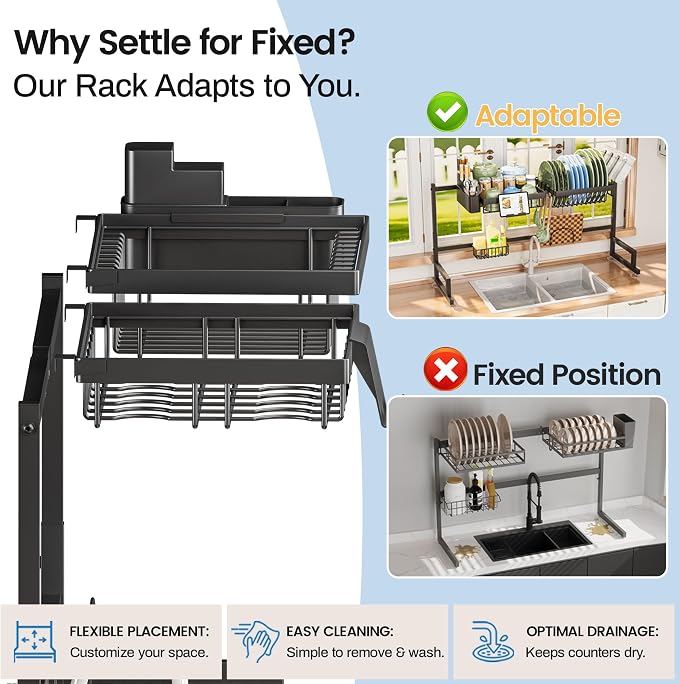 ADBIU Over The Sink Dish Drying Rack (Expandable Height and Length) Snap-On Design 2 Tier Large Dish Rack - Image 3