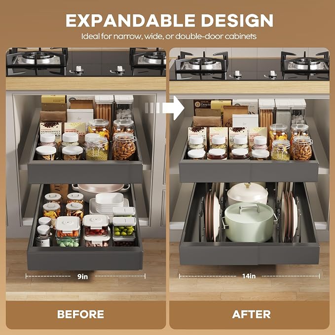 Seinloes 4 Pack Pull Out Cabinet Organizer 21" Deep with Raising Pad for Framed Cabinets, Expandable (9"-14" W) Slide Out Drawers for Kitchen Cabinets with 4pcs Divider Racks, Roll Out Shelves, Black - Image 6