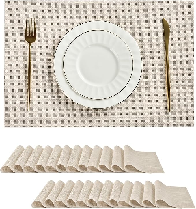 Leetaltree Beige White Placemats Set of 24 - Heat Resistant Non-Slip Place mats for Dining Table, Washable Durable PVC Vinyl Woven Table Mats(Beige White, 24) by Leetaltree-ArtatEveryTable