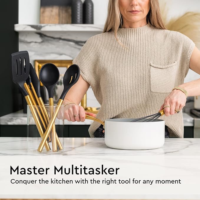 Styled Settings Black and Gold Kitchen Utensils Set, 6-Piece | Silicone Utensils Set Include Tongs, Whisk, Serving Spoon, Spatula, & Turner for Stylish Cooking - Gold Kitchen Accessories - Image 4