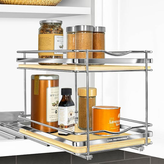LYNK PROFESSIONAL® Élite™ Pull Out Spice Organization for Cabinets - 8-3/8 inch Wide – Spice Rack for Inside Cabinets – Wood/Chrome - Sliding Spice Rack Organizer for cabinet – Spice Rack - 2 Tier by LYNKPROFESSIONAL