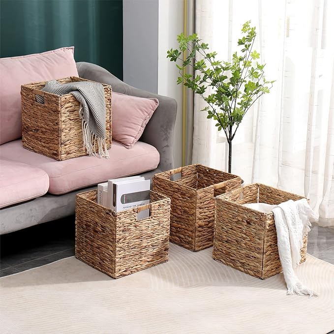 12x12in Storage Baskets 4 Pcs Water Hyacinth Baskets,Foldable Handwoven Storage Cubes - Image 5