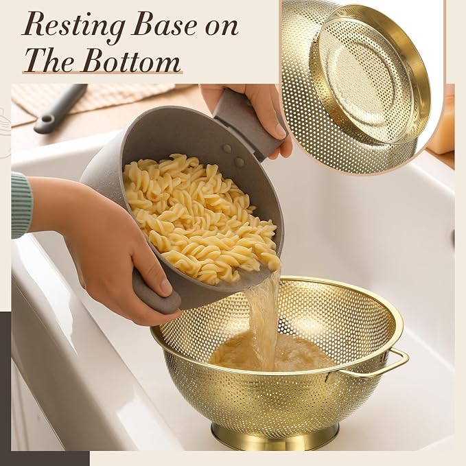 6 Pcs Gold Kitchen Accessories Set Includes 3 Gold Mixing Bowls with Airtight Lids Stainless Steel Colander Grater Slicer and Fine Mesh Strainer (Mixing Bowls: 3.7/5/7 Qt, Colander: 5 Qt) - Image 3