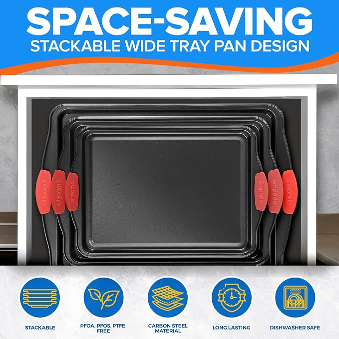 Emporio Kitchen Baking Pan Set - Nonstick Coating, Carbon Steel Bakeware Set with Red Silicone Handles, PFOA, PFOS, PTFE Free, Recipe Booklet Included, Oven Safe Tray (Up To 450° F), Set of 3 - Black - Image 5