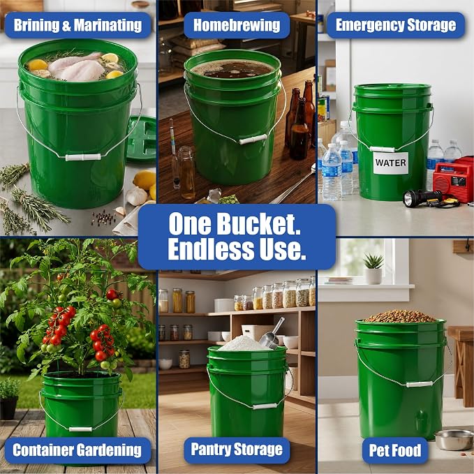 5 Gallon Bucket - Food Grade w/Lid BPA-Free, 3 Pack - Green | Airtight Gasketed Tear Strip Lid, Heavy-Duty 90 Mil HDPE Plastic Pail, Bulk Storage, Food Safe Durable Container, Made in USA - Image 3