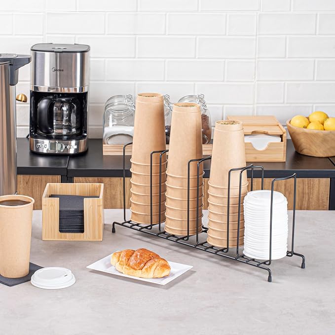 Restaurantware Restpresso 18.5 Inch x 5 Inch x 8.5 Inch Coffee Cup Organizer 1 4-Section Cup And Lid Organizer - Wire Design Compact Black Iron Wire Cup Dispenser For Countertops And Storage - Image 4