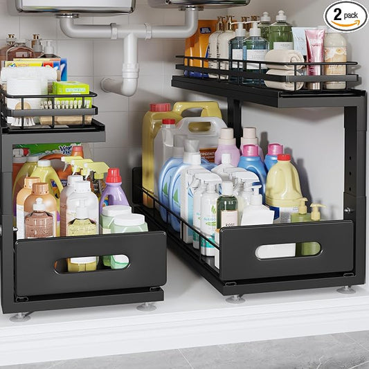 Under Sink Organizer Upgrade To Professional Rails,2-Tier Dual Pull Out Cabinet Storage,Height Adjustable Slide Out Drawers For Bathroom Kitchen,2 Pack-21"Dx12.8"-16.9"H,Black by UnderSinkOrganizer