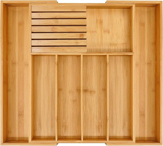 VaeFae Bamboo Silverware Drawer Organizer, 7 Slots, Natural | Expandable Cutlery and Utensil Holder for Silverware, Removable Knife Dividers, 43 cm D x 32-55 cm W, 5-7 Slots, Natural by VaeFaeDirect
