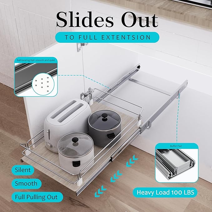 Pull Out Cabinet Organizer 14.45" W X 22" D, Wood & Chromed | Full Slide Out Drawers For Kitchen Cabinets, Cabinets Capacity Heavy Duty Caddy, Cabinet Pullout Shelves , Pantry Storage - Image 3