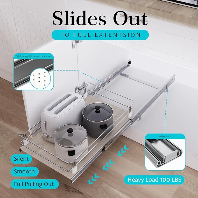 Pull Out Cabinet Organizer 17.45" W X 22" D, Wood & Chromed | Full Slide Out Drawers For Kitchen Cabinets, Cabinets Capacity Heavy Duty Caddy, Cabinet Pullout Shelves , Pantry Storage - Image 3