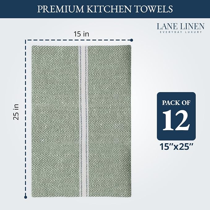 LANE LINEN Kitchen Towels Set - 100% Pure Cotton Dish Towels for Kitchen, Super Absorbent Kitchen Hand Towel, Tea Towels, Soft & Durable Dish Cloths, Pack of 12 – 14”x25”, Olive - Image 2