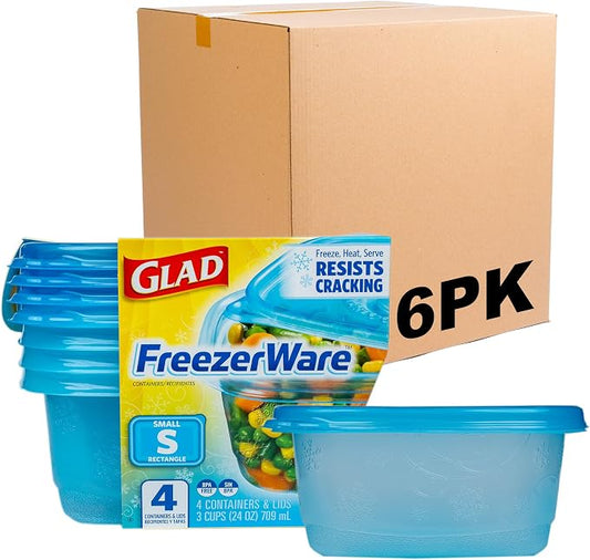 Glad GladWare FreezerWare Food Storage Containers, 24 Oz, 4 Count, 6-Pack | Crack-resistant, small rectangle containers for freezing soups and meal prep; microwave and dishwasher safe by GladTrashFoodStorage