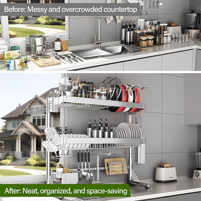 Over The Sink Dish Drainer Drying Rack 3 Tier, Full Stainless Steel Dish Drying Rack Adjustable Length 20.9''-37.4'' , Kitchen Sink Shelf, Organized Space-Saving Dish Rack with Pots and Pans Rack - Image 8