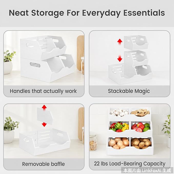 Potato and Onion Storage Bin, 3 Tier Bamboo Kitchen Storage Rack, Stackable Ventilated Pantry Organizer with Handles for Garlic Peppers Vegetables, Countertop Produce Bins, White(Assembly Required) - Image 6