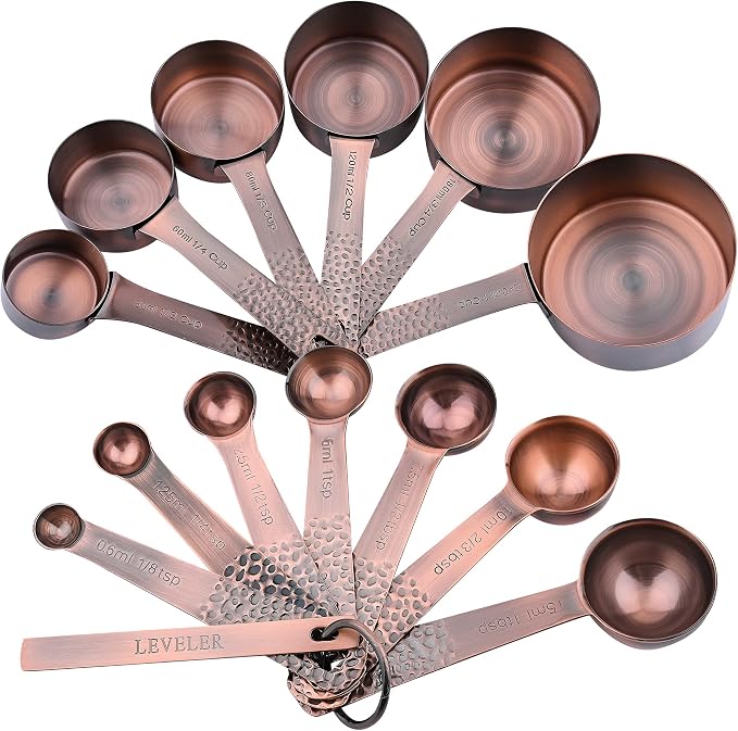 Copper Measuring Cups and Spoons Set, Stainless Steel Copper Plated 6 Metric & US Measuring Cups & 7 Spoons with Leveler for Baking & Kitchen - Image 2