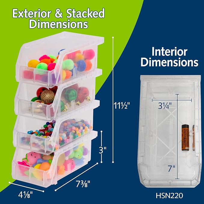 Small Stackable Plastic Storage Bins, 12-Pack, Clear | Open-Front Stackable Bins For Garage, Pantry, Closet & Office, 7"L X 4"W X 3"H, Nests When Empty, Durable Plastic, - Image 2