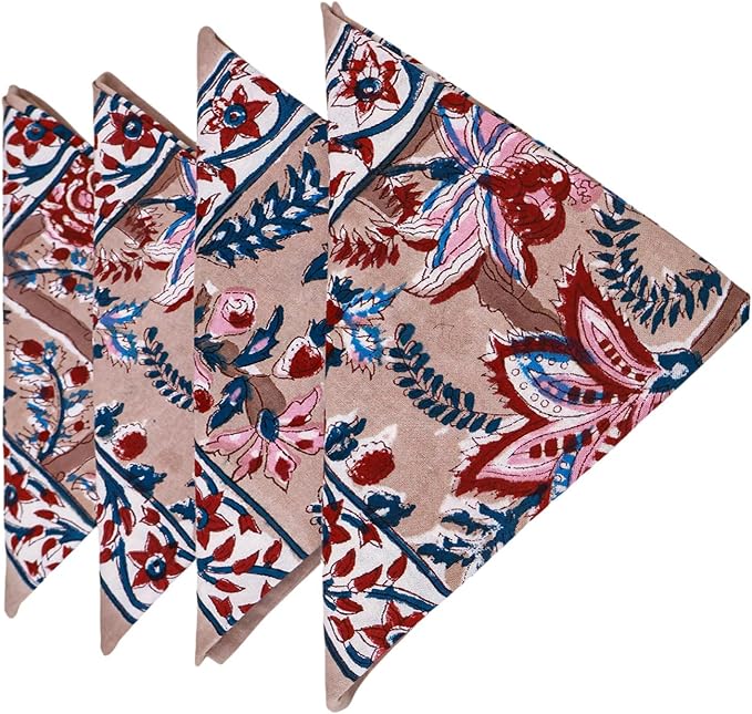 20x20 Inches Cotton Napkins Set of 4, Blue Red, Washable Hand Block Printed Reusable Cloth Napkins for Dinning, Party, Wedding, Home Decor Fall - Image 5