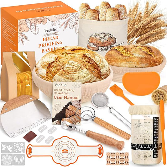 Sourdough Starter Kit with Bread Proofing Baskets, Jars, Baking Essentials | 9 in Round & 10 in Oval Baskets Set, Sourdough Bread Baking Supplies, Sour dough Beginner Kit Gifts for Bakers Women Wife Mom by Unknown