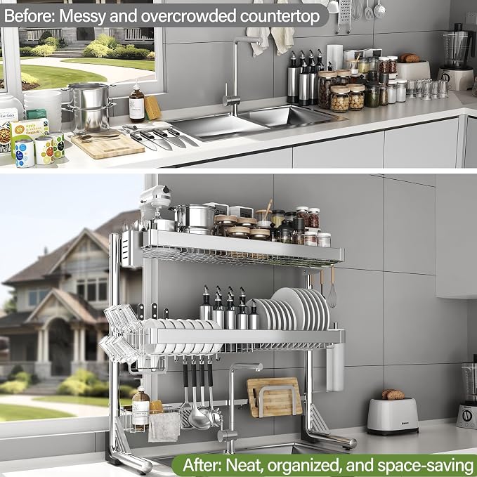 Over The Sink Dish Drainer Drying Rack 3 Tier, Full Stainless Steel Dish Drying Rack Adjustable Length 20.9''-37.4'', Kitchen Sink Shelf, Organized Space-Saving Dish Rack - Image 8