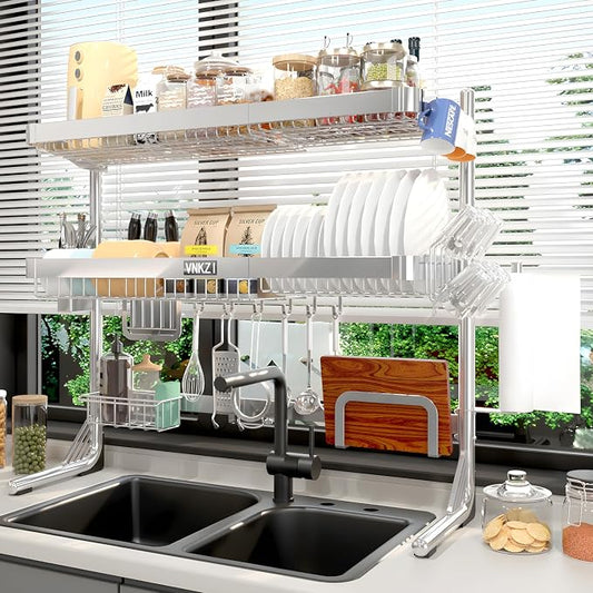 VNKZI Over Sink Dish Drying Rack, 3 Tier Full Stainless Steel Storage Adjustable Length (25.98'' to 36.61'') Kitchen Rack, Multifunctional Expandable Counter Organizer, Space Saver Dish Rack by VNKZI
