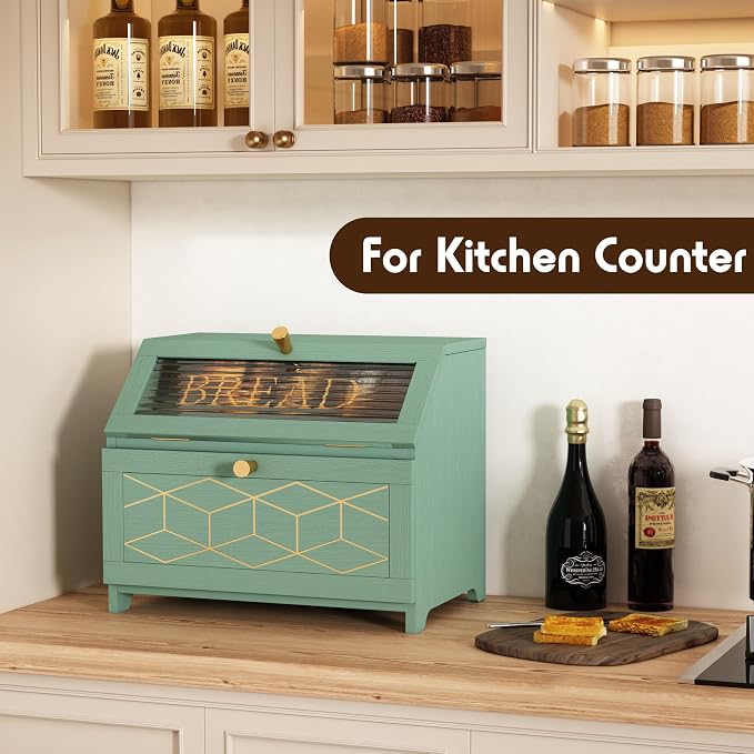 HOLTICO Double Layer Bread Box with Golden Trim for Kitchen Countertop | Wooden Bread Container for Kitchen Counter, Large Capacity Bread Keeper, Farmhouse Food Organizer with Glass Window - Image 2